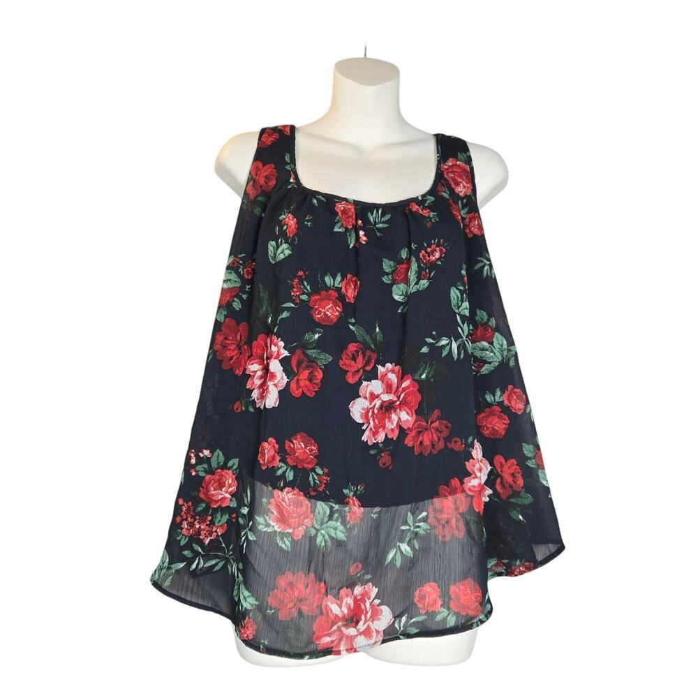 Ambiance Womens 2X Racerback Top Layered Sheer Floral Overlay Flowy Vacation